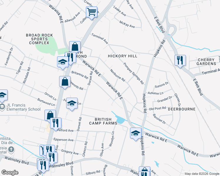 map of restaurants, bars, coffee shops, grocery stores, and more near 4231 Warwick Road in Richmond