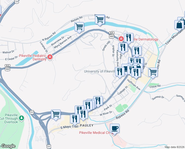 map of restaurants, bars, coffee shops, grocery stores, and more near 144-262 Julius Avenue in Pikeville