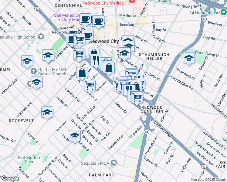 map of restaurants, bars, coffee shops, grocery stores, and more near 129 Lincoln Avenue in Redwood City