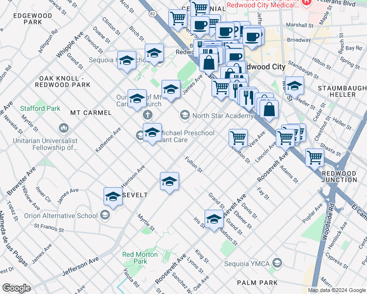 map of restaurants, bars, coffee shops, grocery stores, and more near 1552 Jefferson Avenue in Redwood City