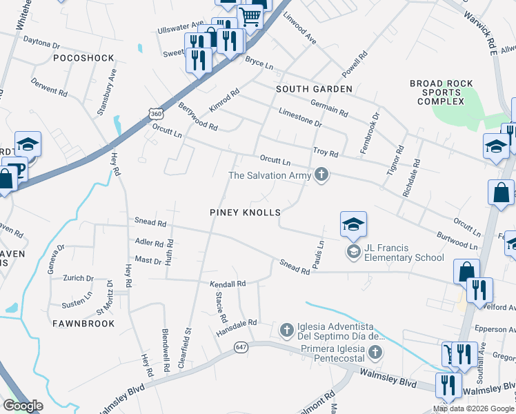 map of restaurants, bars, coffee shops, grocery stores, and more near 2513 Crumpton Drive in Richmond