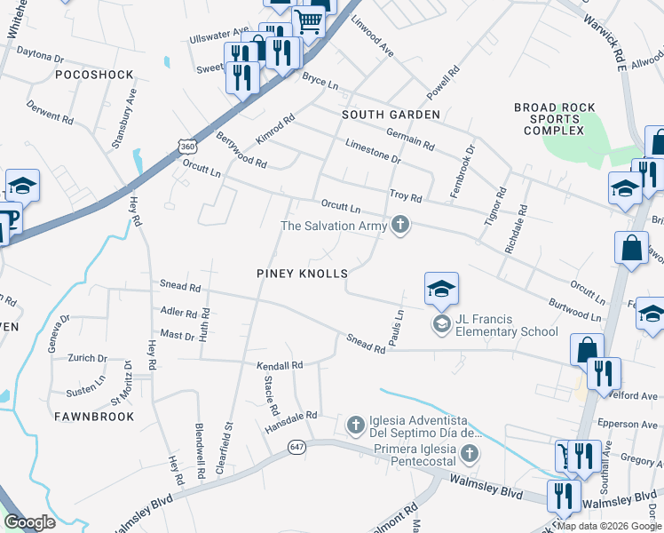 map of restaurants, bars, coffee shops, grocery stores, and more near 2513 Crumpton Drive in Richmond