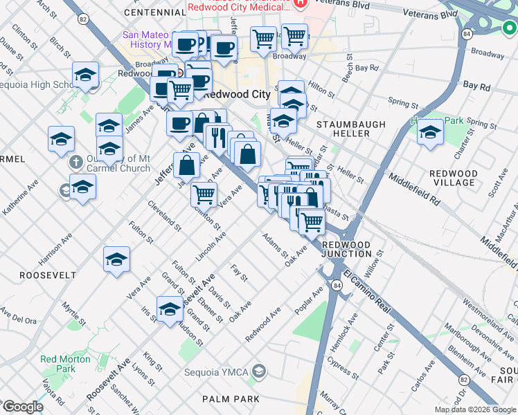 map of restaurants, bars, coffee shops, grocery stores, and more near 153 Lincoln Avenue in Redwood City