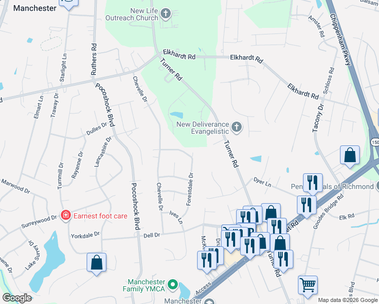 map of restaurants, bars, coffee shops, grocery stores, and more near 7407 Cheltenham Drive in Richmond