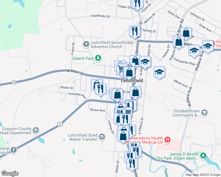 map of restaurants, bars, coffee shops, grocery stores, and more near 213-215 W Market St in Leitchfield