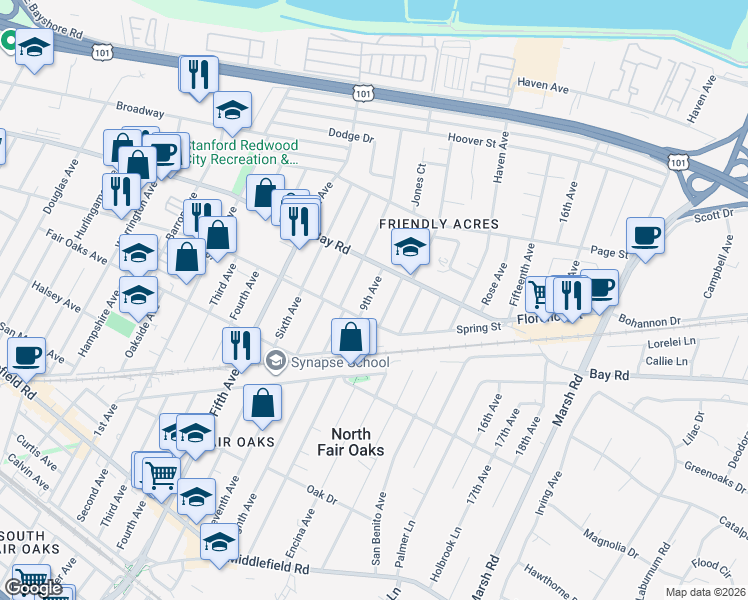 map of restaurants, bars, coffee shops, grocery stores, and more near 820 9th Avenue in Redwood City