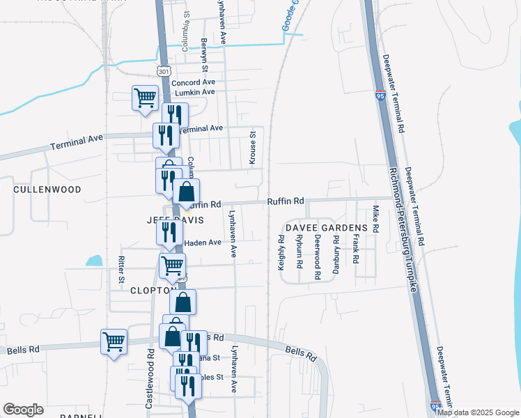 map of restaurants, bars, coffee shops, grocery stores, and more near 2290 Ruffin Road in Richmond