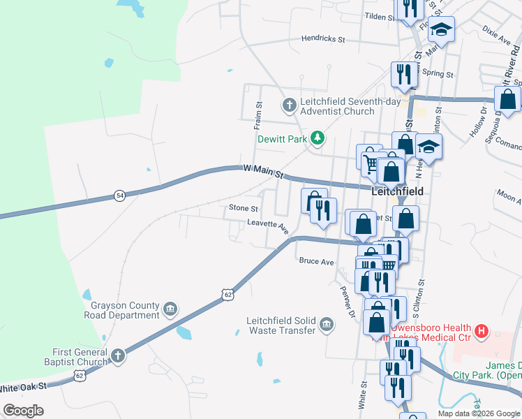 map of restaurants, bars, coffee shops, grocery stores, and more near 117 Junction Street in Leitchfield