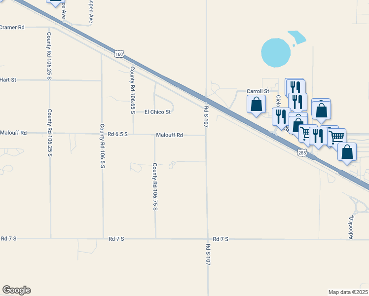 map of restaurants, bars, coffee shops, grocery stores, and more near 6515 County Road 107 South in Alamosa