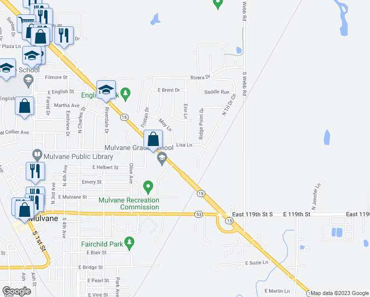 map of restaurants, bars, coffee shops, grocery stores, and more near 801 Lisa Lane in Mulvane