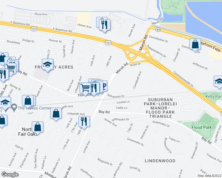 map of restaurants, bars, coffee shops, grocery stores, and more near 1000 Marsh Road in Menlo Park