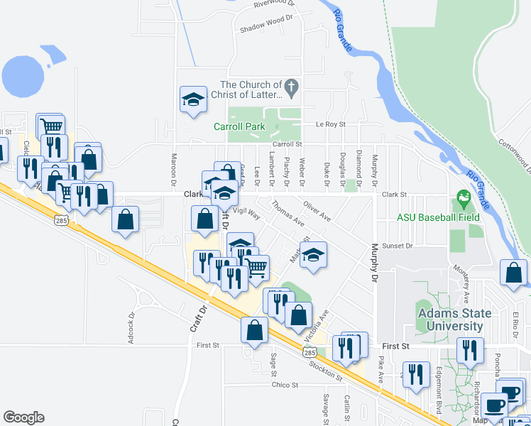 map of restaurants, bars, coffee shops, grocery stores, and more near 221 Shone Street in Alamosa