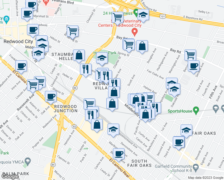 map of restaurants, bars, coffee shops, grocery stores, and more near 470 Flynn Avenue in Redwood City