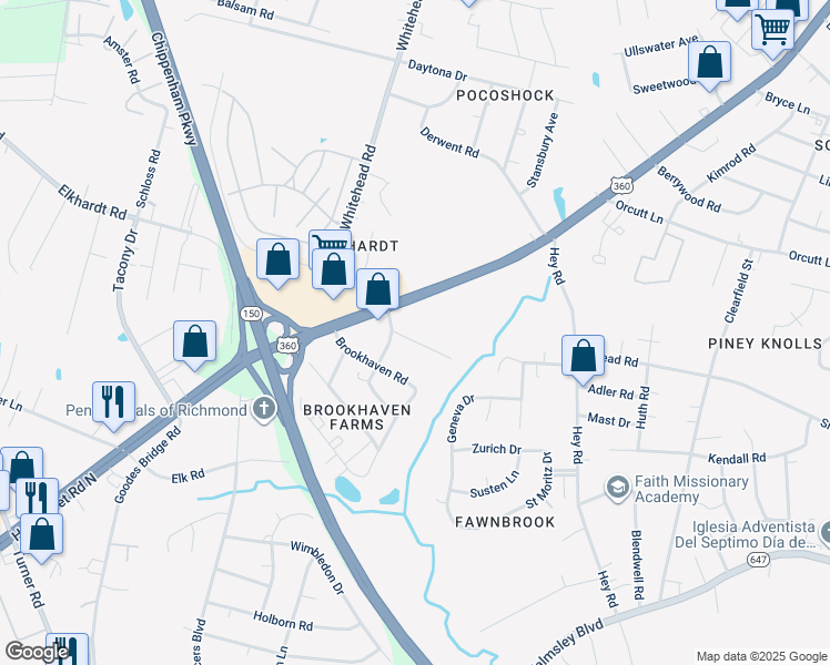 map of restaurants, bars, coffee shops, grocery stores, and more near 6346 Elkhardt Lane in Richmond