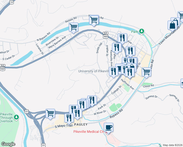 map of restaurants, bars, coffee shops, grocery stores, and more near 144-262 Julius Avenue in Pikeville