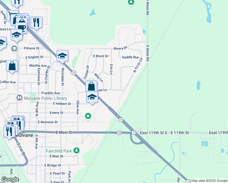 map of restaurants, bars, coffee shops, grocery stores, and more near 801 Lisa Lane in Mulvane