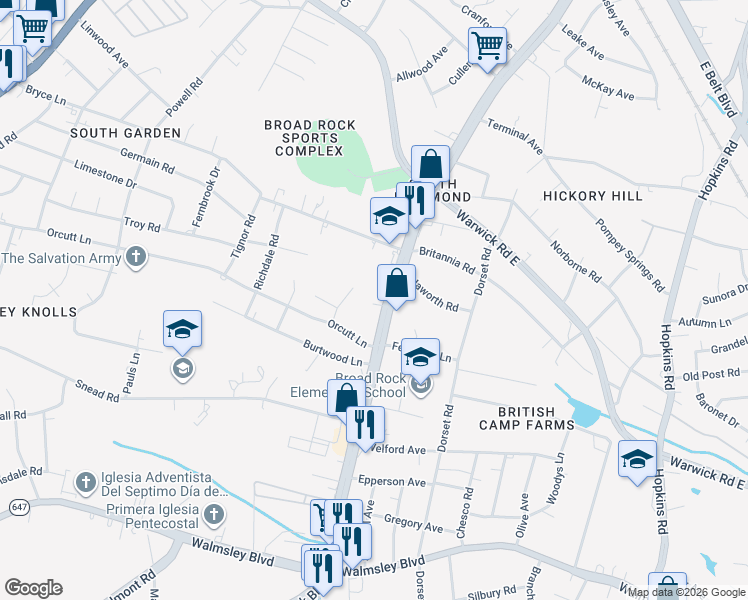 map of restaurants, bars, coffee shops, grocery stores, and more near 2824 Broad Rock Boulevard in Richmond