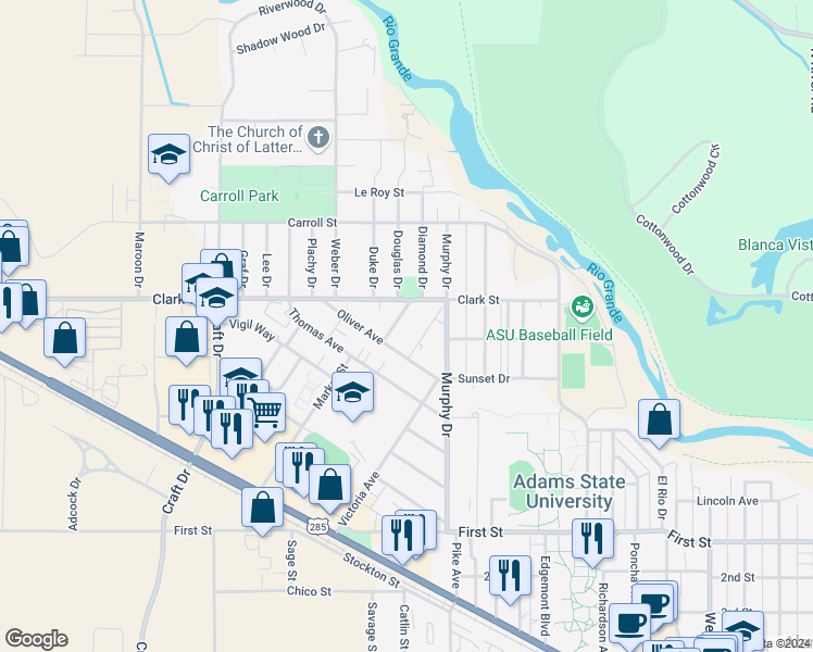map of restaurants, bars, coffee shops, grocery stores, and more near 518 Wolf Street in Alamosa