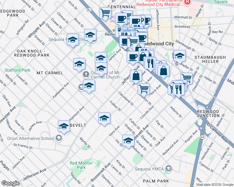 map of restaurants, bars, coffee shops, grocery stores, and more near 508 Jackson Avenue in Redwood City