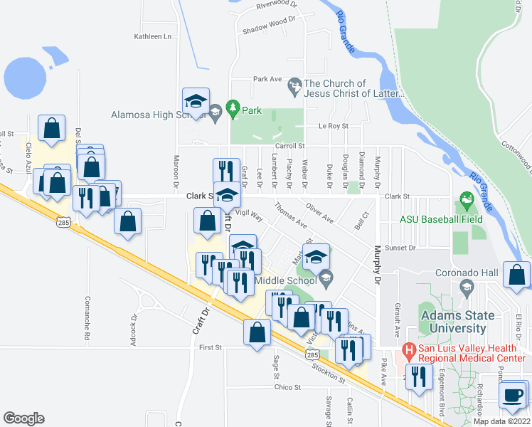 map of restaurants, bars, coffee shops, grocery stores, and more near 2609 Vigil Way in Alamosa