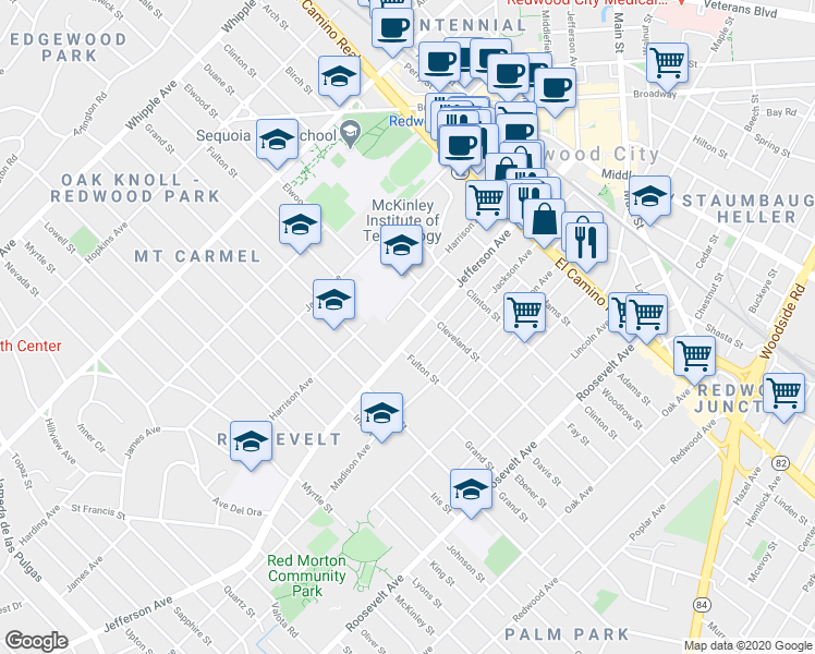 map of restaurants, bars, coffee shops, grocery stores, and more near 1558 Jefferson Avenue in Redwood City
