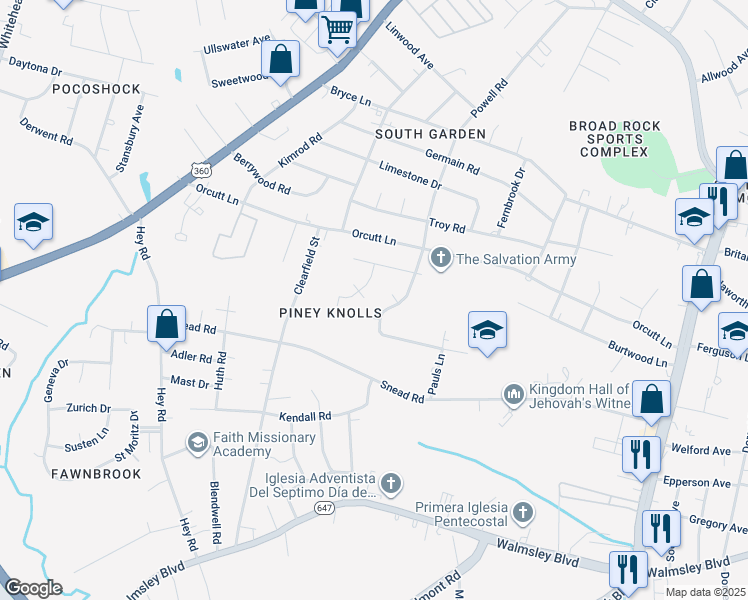 map of restaurants, bars, coffee shops, grocery stores, and more near 2501 Crumpton Drive in Richmond