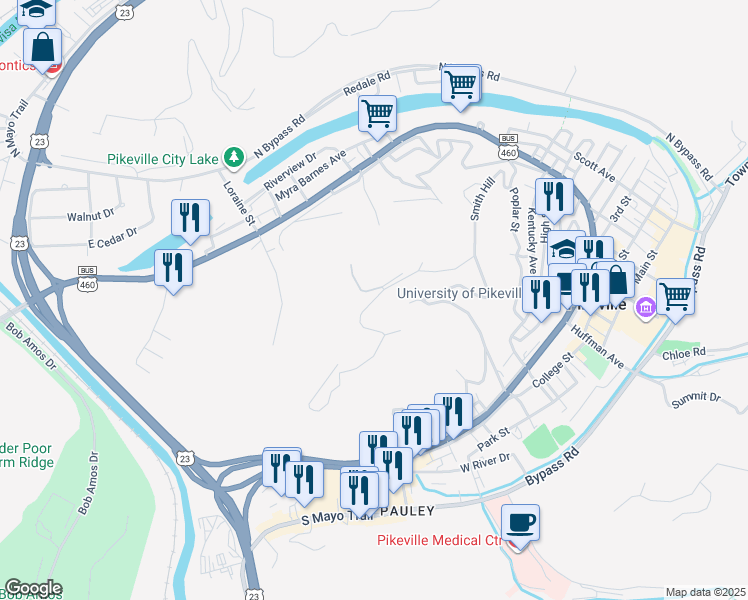 map of restaurants, bars, coffee shops, grocery stores, and more near 201-399 Peach Orchard Drive in Pikeville