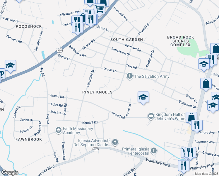 map of restaurants, bars, coffee shops, grocery stores, and more near 2501 Crumpton Drive in Richmond