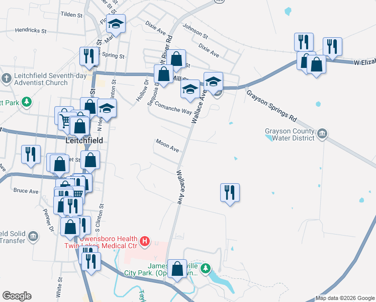 map of restaurants, bars, coffee shops, grocery stores, and more near 403 Wallace Avenue in Leitchfield