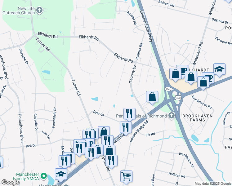 map of restaurants, bars, coffee shops, grocery stores, and more near 1855 Parkway Lane in Richmond
