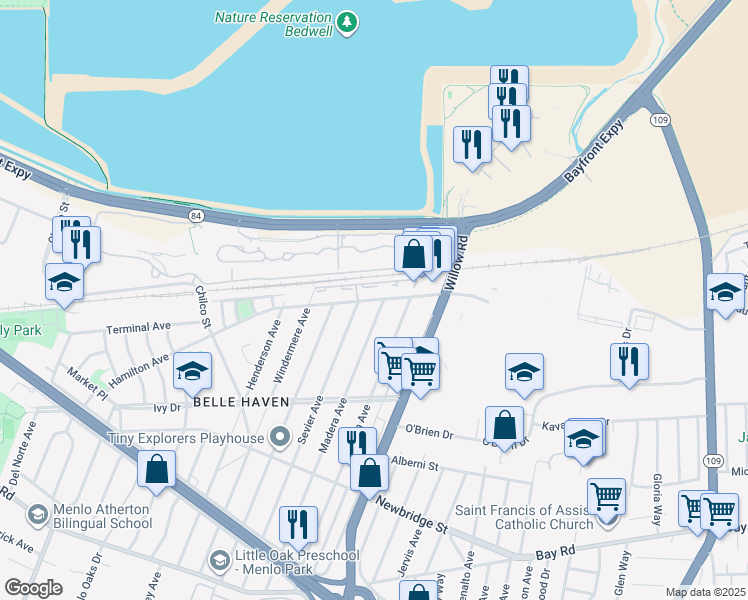 map of restaurants, bars, coffee shops, grocery stores, and more near 1379 Madera Avenue in Menlo Park