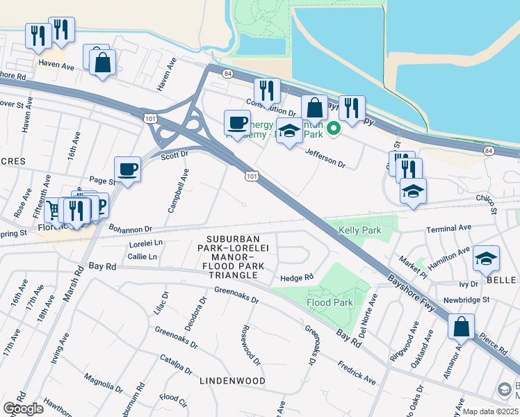map of restaurants, bars, coffee shops, grocery stores, and more near 4600 Bohannon Drive in Menlo Park