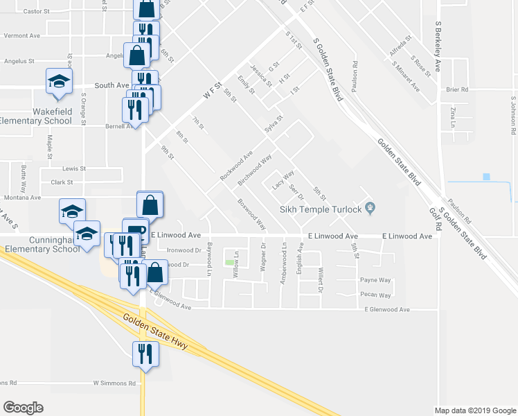 map of restaurants, bars, coffee shops, grocery stores, and more near 1115 Amberwood Lane in Turlock