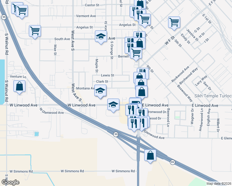 map of restaurants, bars, coffee shops, grocery stores, and more near 317 West Linwood Avenue in Turlock