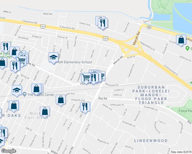 map of restaurants, bars, coffee shops, grocery stores, and more near 3719 Florence Street in Redwood City