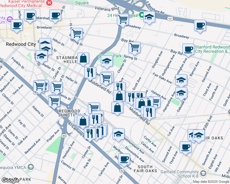 map of restaurants, bars, coffee shops, grocery stores, and more near 2300 Middlefield Road in Redwood City