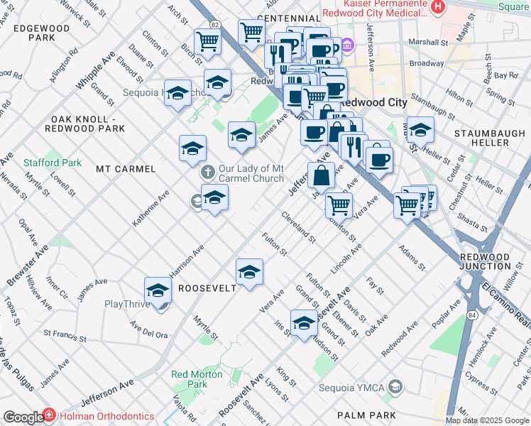 map of restaurants, bars, coffee shops, grocery stores, and more near 1558 Jefferson Avenue in Redwood City