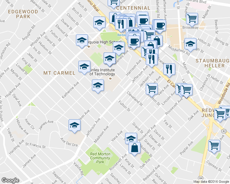 map of restaurants, bars, coffee shops, grocery stores, and more near 1558 Jefferson Avenue in Redwood City
