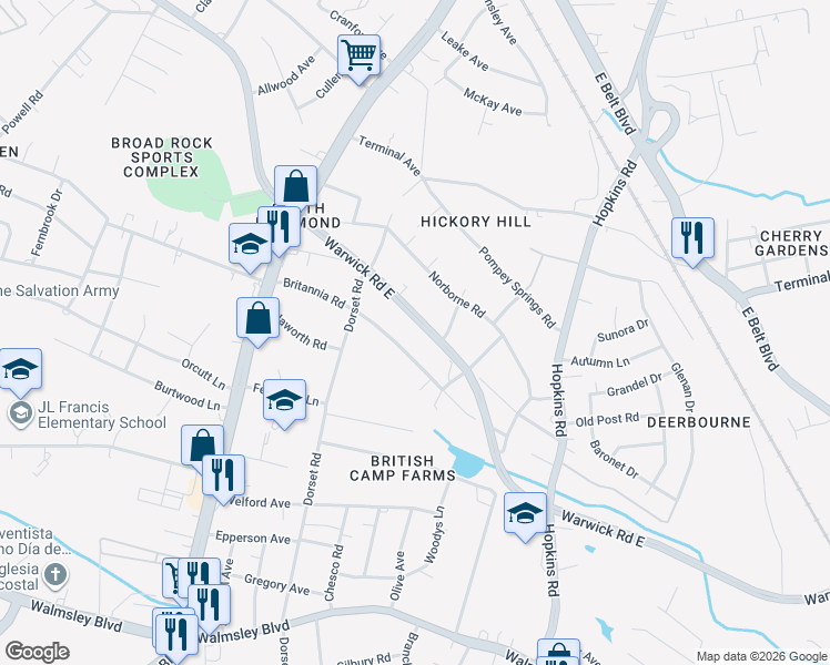 map of restaurants, bars, coffee shops, grocery stores, and more near 4231 Warwick Road in Richmond
