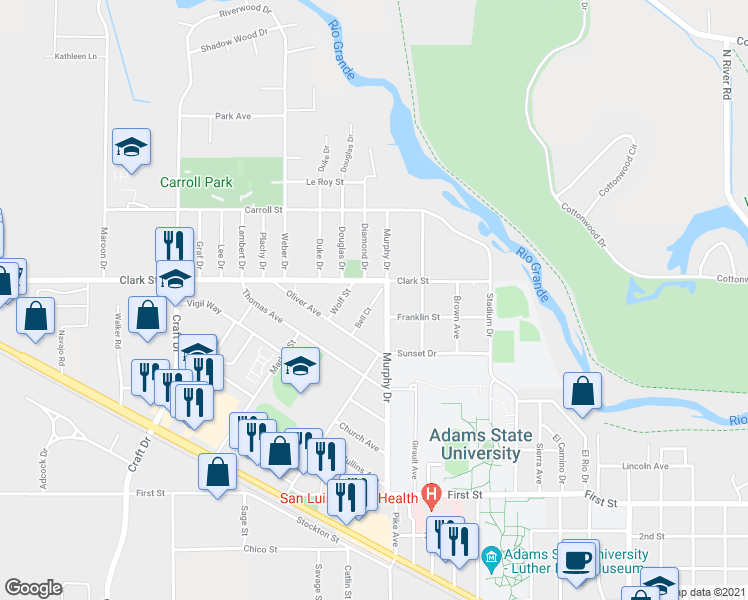 map of restaurants, bars, coffee shops, grocery stores, and more near 519 Bell Court in Alamosa