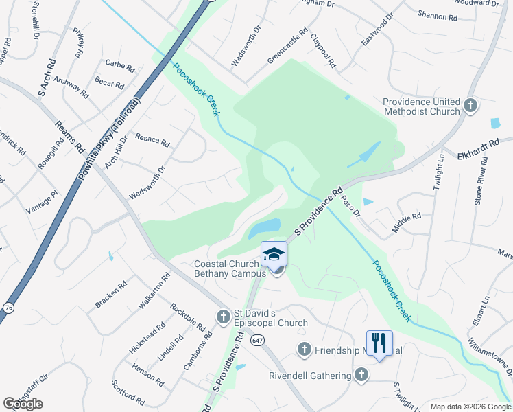 map of restaurants, bars, coffee shops, grocery stores, and more near 1225 Providence Knoll Drive in Richmond