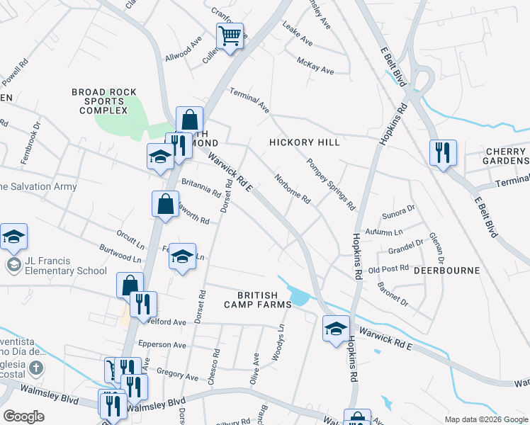 map of restaurants, bars, coffee shops, grocery stores, and more near 4231 Warwick Road in Richmond
