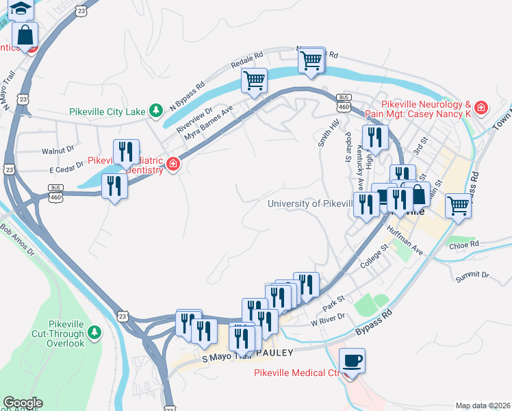 map of restaurants, bars, coffee shops, grocery stores, and more near 201-399 Peach Orchard Drive in Pikeville