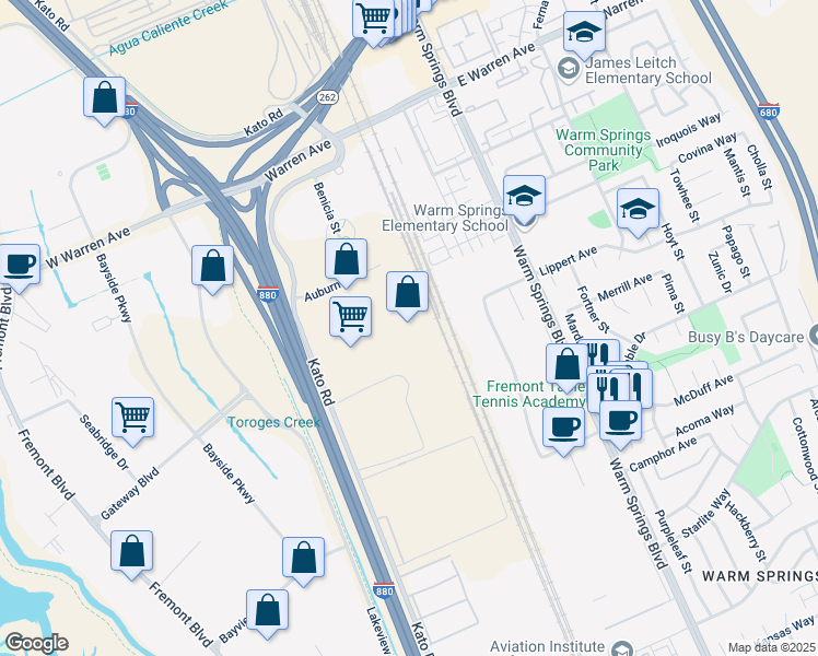 map of restaurants, bars, coffee shops, grocery stores, and more near 47422 Kato Road in Fremont