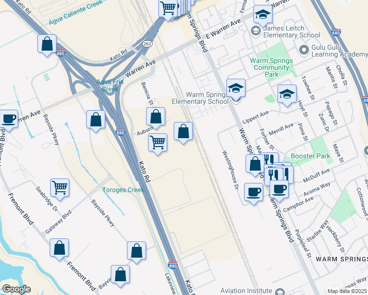 map of restaurants, bars, coffee shops, grocery stores, and more near 47422 Kato Road in Fremont