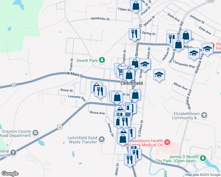map of restaurants, bars, coffee shops, grocery stores, and more near 213-215 W Market St in Leitchfield
