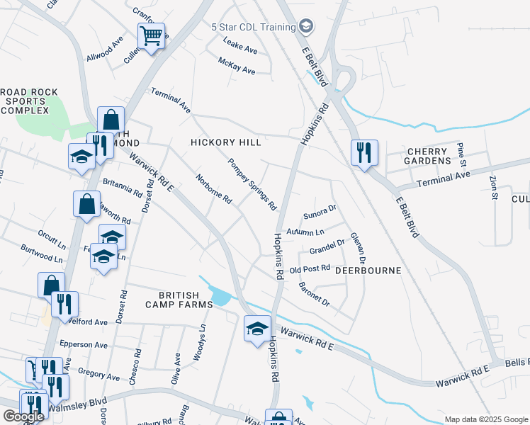 map of restaurants, bars, coffee shops, grocery stores, and more near 2800 Hopkins Road in Richmond
