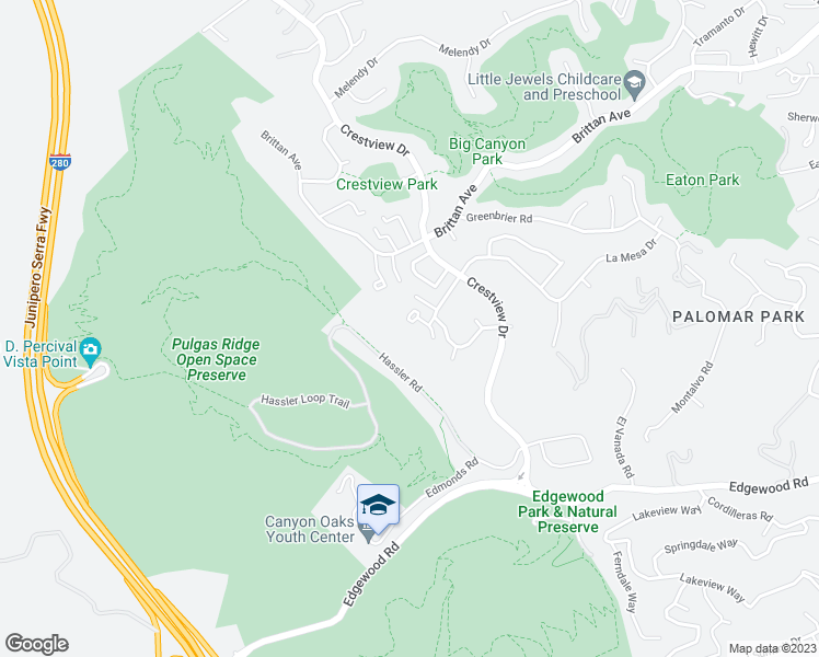 map of restaurants, bars, coffee shops, grocery stores, and more near 3368 La Mesa Drive in San Carlos