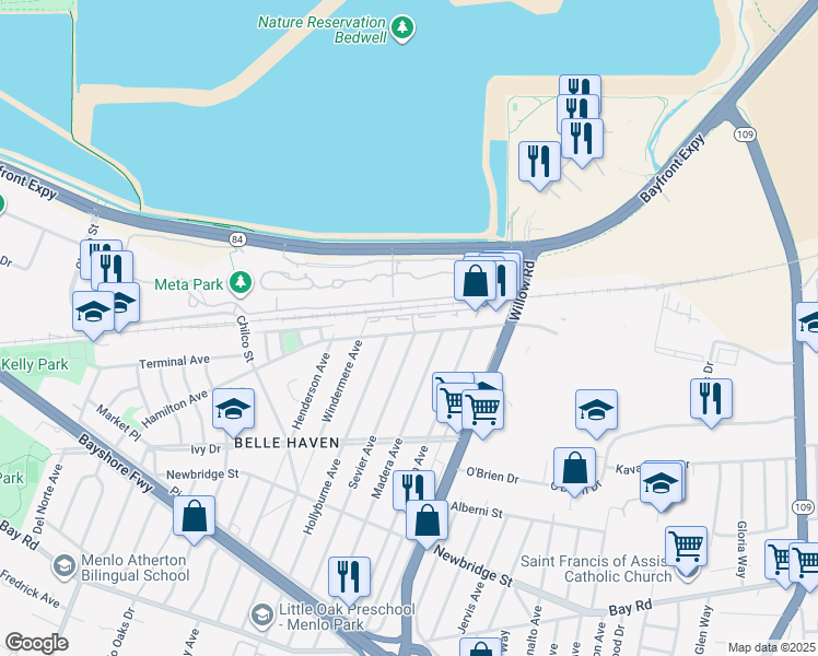 map of restaurants, bars, coffee shops, grocery stores, and more near 767 Hamilton Avenue in Menlo Park