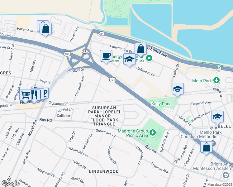 map of restaurants, bars, coffee shops, grocery stores, and more near 4600 Bohannon Drive in Menlo Park